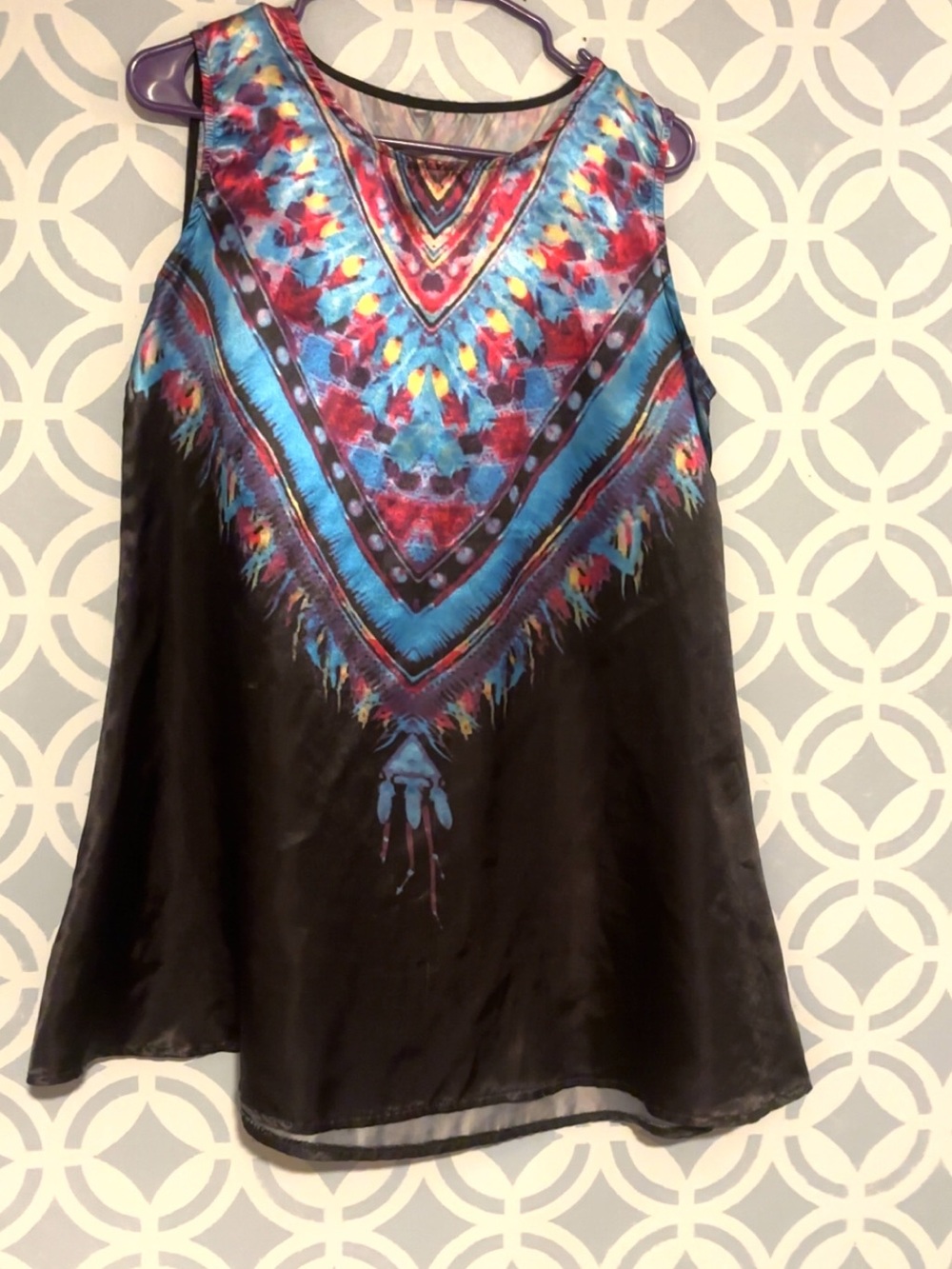 *FLAW* silky Black Sleeveless Tunic with Blue & Red Tribal Print